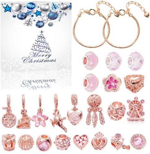 XCMVCN Schmuck Adventskalender Mädchen 2024Weihnachtskalender Schmuck Mädchen Weihnachts Geschenk 22 Diy Girls Charm Roségold Perlen 2 Armbände, Mädchen Schmuck Set
