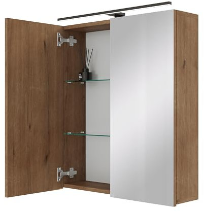 Planetmöbel ARIA Spiegelschrank Bad mit Beleuchtung 60 cm breit | Badschrank hängend mit Spiegel | Gold Eiche, mit Leuchte und Steckdose, Spiegelschrank Gäste WC 60 x 70 x 16 cm