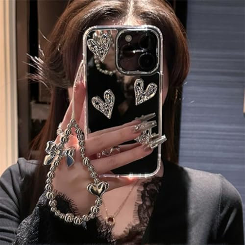 YVWUNH Stylish Korea Cute 3D Heart Bracelet Phone Case For IPhone 15 13 14 11 12 Pro Max Silvery Mirror Cover Girl Electroplated Shell,Silver,For iPhone 14