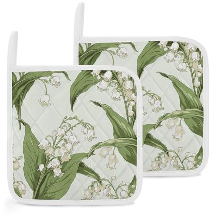 Lot de 2 maniques avec poche pour cuisine résistantes à la chaleur pour comptoirs stylisés avec fleurs blanches, maniques de four pour la cuisine, la cuisson, le four, 20,3 cm, dessous de plat