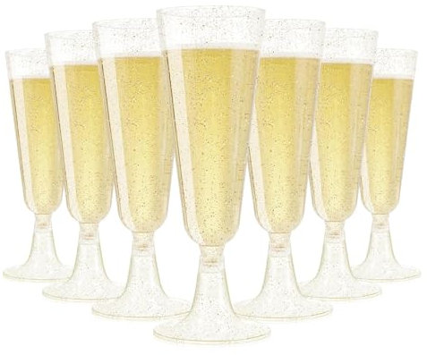 HIYAA Plastic Champagne Flutes, 50 Pack 5Oz/150ml Gold Glitter Plastic Champagne Glasses Prosecco Glasses Cocktail Glasses for Party,Birthday,Wedding,Chrismas,Thanksgiving