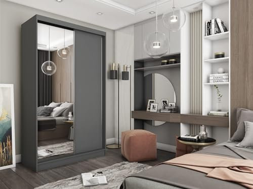 AGMAT-FURNITURE Schwebetürenschrank Prato, Kleiderschrank mit 2 Türen und Spiegel, Moderne Garderobe in Farbe: Graphit, Schrank in Größe: 120 x 216 x 61 cm