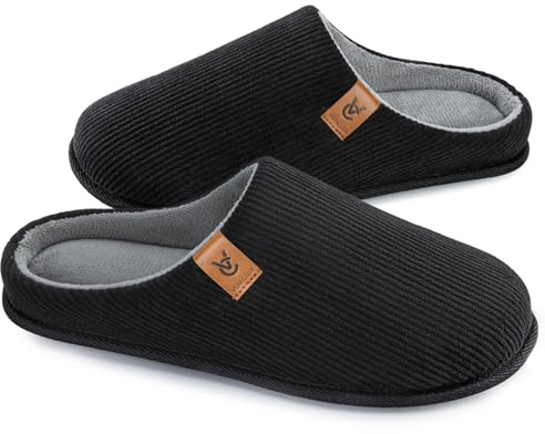 VeraCosy Pantoufles pour hommes confortables à enfiler en velours côtelé avec mousse à mémoire de forme, chaussons d'intérieur Noir foncé,42-43 EU