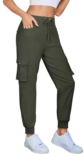 Damen Cargo Jogginghose Multifunktions Outdoor Wanderhose Lang Leichte High Waist Stretch Sport Trekkinghose Multi Taschen (B Armeegrün, M)