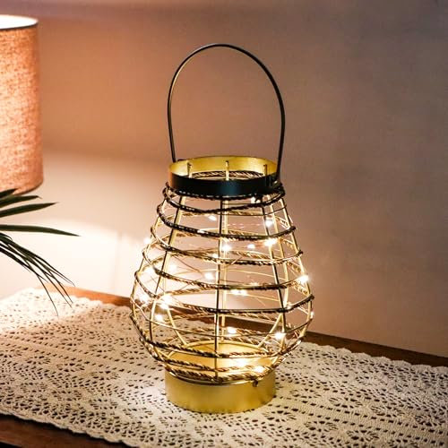 TRIROCKS Metall Kabellose Tischlampe 19,5 cm Hoch Käfig LED Batteriebetriebene Laterne Mit 6-Stunden-Timer Vintage Dekorative Feenlichter Für Innen/Außen Schlafzimmer Hochzeiten Partys Patio Events