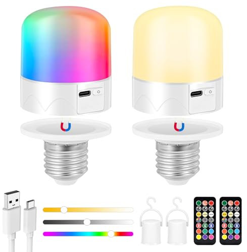 GuKKK USB Aufladbare Glühbirne mit Fernbedienung, 2 Stück RGB Aufladbare Glühbirne mit Batterie, 2000mAh Tastensteuerung Dimmbare LED Akku Glühbirne mit Timing-funktion, für Pendelleuchten Notlicht