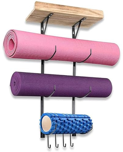 Mrisata Yogamattenhalter, Wandhalterung für Yogamatten, Heim-Fitness-Zubehör, Aufbewahrung für Schaumstoffrollen, mit Schwebenden Holzregalen und 5 Haken Zum Aufhängen von Yogagurten und