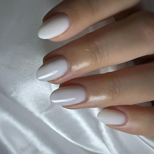 SXVME White False Nails Short Oval, Simple Acrylic Press on Nails Short, White Fake Nails Short, Natural Fit Glossy Solid Gel Full Cover Acrylic Nails For Women Daily Wear