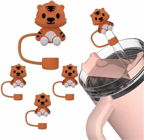 4 Pcs Tiger Straw Cover for Stanley 40&30 Oz Cup, 10mm Silicone Straw Covers Cap for Stanley Cup Accessories, Cute Straw Topper for Tumblers, Straw Cap Stopper for Reusable Straws Tip Lids