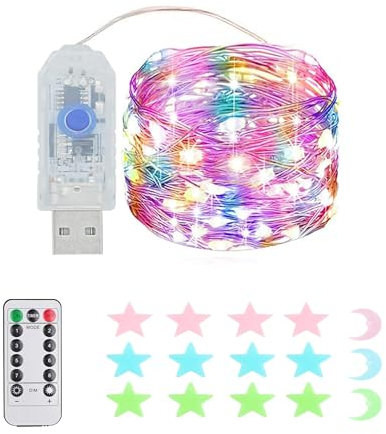 Guirnalda de luz LED USB, 8 modos, función de temporizador, control remoto, resistente al agua, adecuado para exteriores / interiores, dormitorios, terrazas, bodas, Navidad, bricolaje, etc.(50 LEDs)
