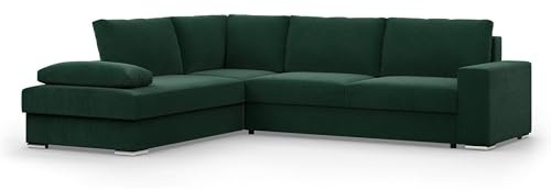 Mebligo - Ecksofa mit Schaffunktion und Betkasten 287 cm Breit VELANO, Eckcouch, L Shaped Sofa, Big Sofa, Komfort und Still, Wohnlandschaft L-Form, L Couch mit Schlaffunktion - Cord Couch Dunkelgrün