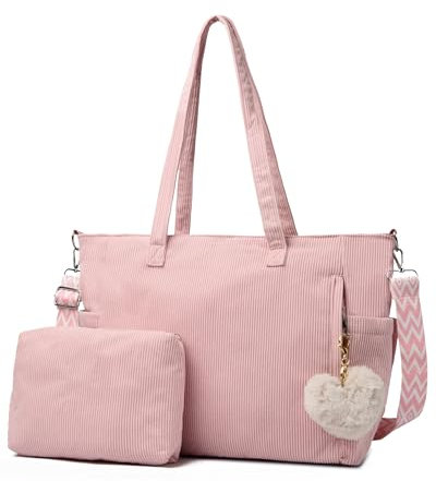 Makukke Corduroy Tote Bag, Large Shoulder Handbag with Pouch, Crossbody Bag for Work Travel Shopping (Pink)