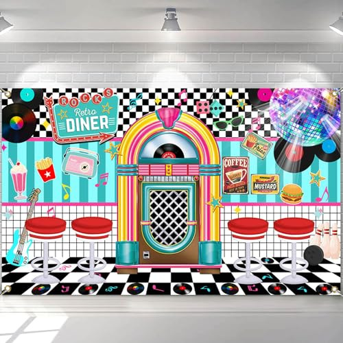 Avezano 50er Jahre Retro Diner Party Banner 50er Jahre Rock and Roll Diner Klassische Hintergrund Banner Dekorationen 1950er Jahre Sock-Hop-Party Foto Hintergrund Banner 70,8 x 43,3 Zoll