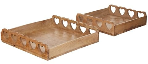 MACOSA HO704192 Holztablett Herz 2er Set Braun 30 cm Holz rechteckig mit Griffen Tablett Dekotablett Tisch-Dekoration Kerzenteller Servierplatte Obsttablett Wohn-Accessoire modern