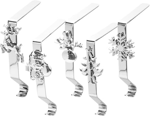 OulQinyhome 5 Stück Weihnachtsstrumpfhalter aus Metall – Silberne Kaminhaken mit Dekorativen Motiven für Weihnachtsstrümpfe – Robuste Strumpfhalter für Kamin und Weihnachtsdeko