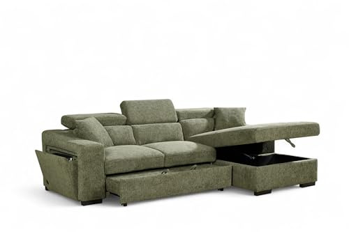 Green Fabric Corner Sofa Bed with Storage, USB and Wireless Charging Dock ARTHUR - L Shaped Pull Out Sofa Bed 3 Seater for Family Living Room with Cushions, 220 x 140 cm Sleeping Area, Right Hand