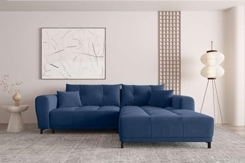 99rooms Massimo Ecksofa Polsterecke Eckcouch (Maße Schenkel): 258x181 cm Cordstoff POSO Blau mit Schlaffunktion Ottomane rechts
