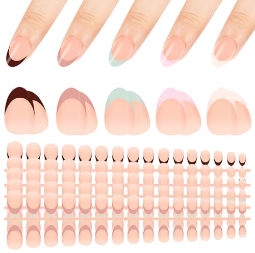 Kiiwah 160 Pièces French Faux Ongles, Amande Press on Nails Court Couverture Complète Faux Ongles à Coller pour Femme et Fille Nail Art, 5 Couleurs (Couleur de Peau)