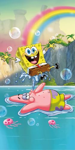 Jerry Fabrics Spongebob Schwammkopf Duschtuch 70x140 cm – 100% Baumwolle Badetuch für Kinder – Oeko-TEX Standard 100 – Saugstarkes Strandtuch & Handtuch mit Spongebob Motiv