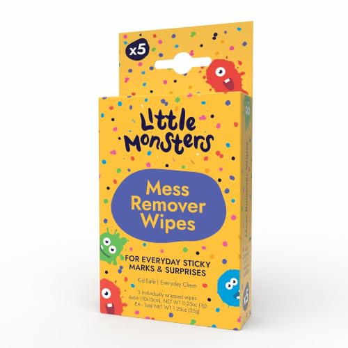 Little Monsters Stain Remover Wipes | Instant Stain Treater for Baby & Newborn Clothes, Fabric & Upholstery | Travel Spot Stains Cleaner | Cleans Fruit Juice (Pack of 5)