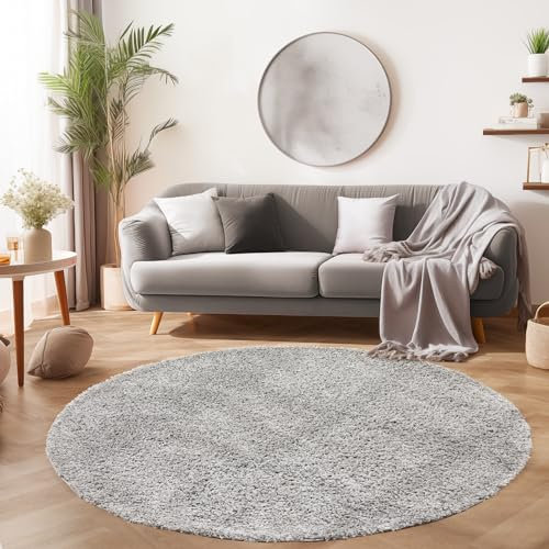 SIMPEX Flauschiger Teppich Wohnzimmer Schlafzimmer Läufer Flur Esszimmer Küchenteppich Hochflor Einfarbig Modernes Design 30 mm Florhöhe Kuschelweich, Hellgrau, 200 cm Rund