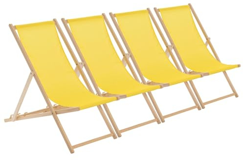 Harbour Housewares Folding Wooden Deck Chairs – Yellow – Pack of 4 – Adults Traditional Foldable Reclining Outdoor Canvas Sun Lounger Chair Seat for Garden Patio, Beach, Camping