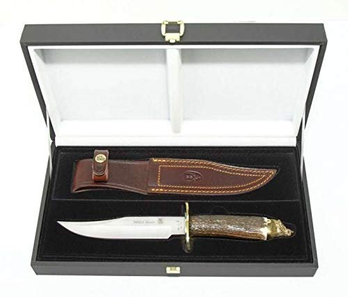 Muela Cuchillo WOLF-16R hoja de acero MoVa de 16 cm y empuñadura de madera coral para Caza, Pesca, Supervivencia y Bushcraft Realizado en Ciudad Real + Portabotellas de regalo