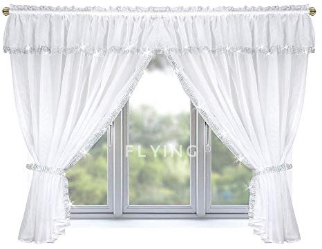 TOP Fertig-Gardine aus Voile NEU Top Design Set Gardinen mit Kräuselband Gardine küche Weiss kurz Schöne Küche-Gardine mit Kräuselband LB-237