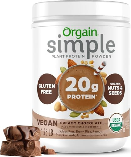 Orgain Organic Simple Vegan Protein Powder, Chocolate - 20g Plant Based Protein, Made with Fewer Ingredients, No Stevia or Artificial Sweeteners, Gluten Free, Dairy Free, Soy Free - 1.25lb