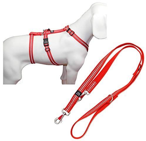 NoExit Hundegeschirr®, mit passender Führleine 210 cm, 3-Fach verstellbar - Reflexband rot, Bauchumfang 55-75 cm, 20 mm Bandbreite