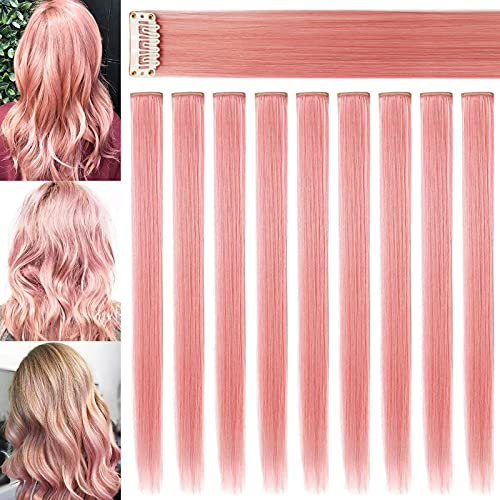 Rhyme 9 PCS Farbigen Haarverlängerungen für Damen Mädchen Frauen Regenbogen Haarteile Perücke für Damen Haar Styling Mehrfarbige Party Hightlight Haarschmuck (Rauch rosa)