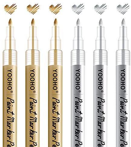 Paint Pen Gold Silver Metallic Permanent Acrylic Markers Set for Fabric Glass Rock Wooden Ceramic Leather Tire Painting, 0.7mm Extra Fine Tip (3pcs Gold+3pcs Silver)