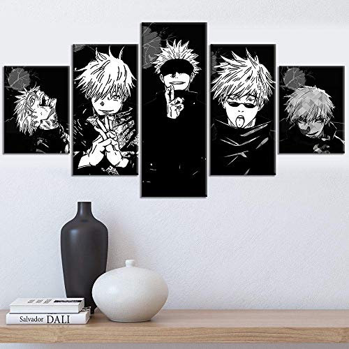 SINGLEAART Leinwanddrucke,5 Teilige Leinwand,5 Stück Wandbild,Wohnzimmer Dekoration,Modular Wandkunst,Brettmalerei,Geburtstagsgeschenk,Jujutsu Kaisen,Gojo Satoru,Anime Poster,150Cm×80Cm,Mit Rahmen