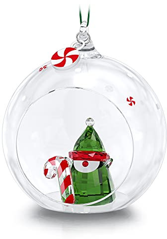 Swarovski Holiday Cheers Weihnachtsmann-Elfen-Kugel-Ornament, mehrfarbige Swarovski-Kristalle auf grünem Satinband, Teil der Swarovski Holiday Cheers Kollektion