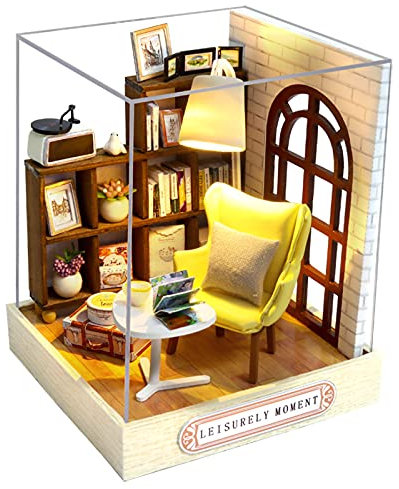 Cuteroom DIY Wooden DollHouse Kit,Dollhouse Miniature with Furniture and Dust Cover Handmade Crafts Miniature Dolls House kit for Teens Adult Gift (Leisurely Moment)