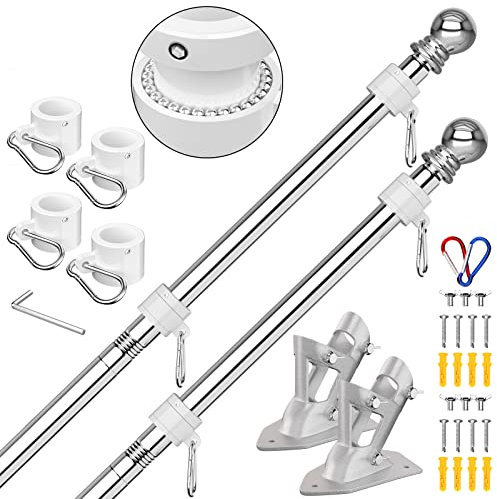 ZMTECH Fahnenmast Kit für Haus 1,8m(6FT) Fahnestange mit Halterung für Flagge, Edelstahl Flaggenmast für Außenhaus Garten Yard, Wohn- oder kommerzielle Fahnenmasten Kit (No Flagge, Silber, 2er-Set)