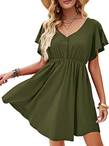 Beluring Dress for Women Summer Short Sleeve Shirt Dress V Neck Sexy Short Dress Olive Green Size 18-20