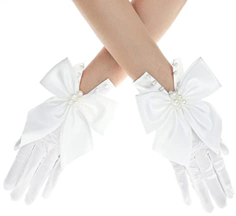 IYOU Satin Verneigung Hochzeit Handschuhe Kurz Weiß Perle Handschuh Kostüm Tischgesellschaft Braut Handschuhe zum Frauen (Weiß 1)