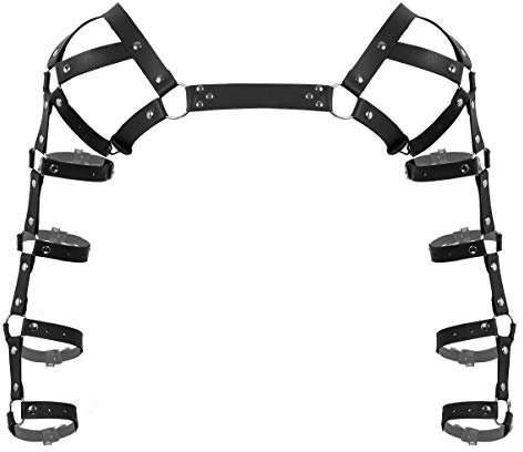 Agoky Herren Harness Gothic Punk PU Leder Körper Geschirr Fetisch Schulterbandage Erotik Reizwäsche Clubwear mit Metall O-Ringe Schwarz Einheitsgröße