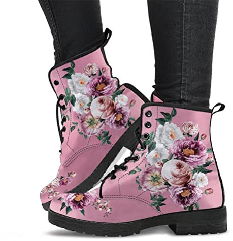 Onsoyours Damen Herbst Winter Stiefel Gothic Chelsea Boot Punk Stiefeletten Biker Boot Knöchel Stiefel Mit Blockabsatz Gotisch Retro Drucken Kurze Stiefeletten A Rosa 43 EU