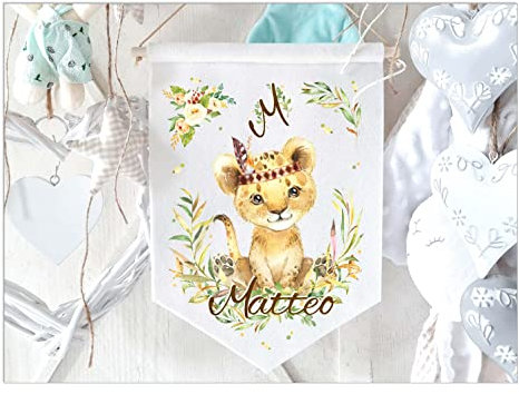 Namensschild Türschild fürs Kinderzimmer - Personalisiert Löwe Jungen Babygeschenk Filz Wimpel Name Deko