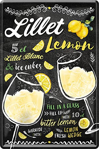 WOGEKA ART Retro Blechschild - LILLET Lemon - Cocktail Rezept als Geschenk-Idee zum Geburtstag Weihnachten zur Deko für Haus-Bar Pub Kneipe 20x30 cm Vintage-Design Metall 144