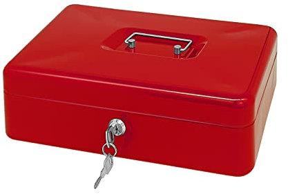 Caisse à monnaie en acier avec serrure à clé, organiseur d'argent en métal avec plateau à billets, boîte de rangement pour espèces avec couvercle verrouillable (rouge, 30 x 24 x 9 cm)