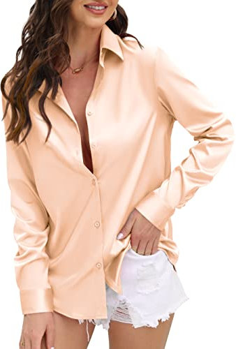 CUNLIN Womens Soft Satin Silk Leopard Button Down Shirts for Women Silky Long Sleeve Work Shirt Dress Blouses Tops, Champagne, XXL