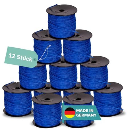 AWOTEX Pflasterschnur Blau 2,00 mm I 12 Rollen à 100 Meter I Richtschnur für Pflastern I langlebig & reißfest I Polypropylen Bauschnur auf PVC Rolle I Maurerschnur für Wasserwaage