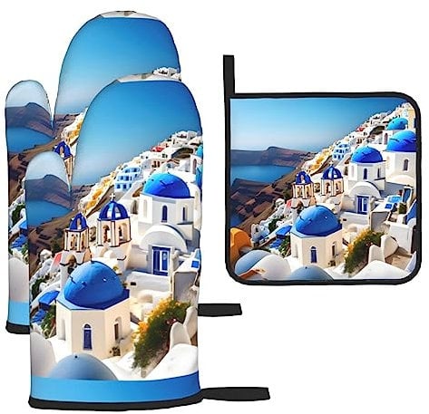 Hot Pads Ofenhandschuhe Santorini Griechische Insel Meerblick Druck Küche Kochen Grill Handschuhe und Topflappen Set von 3 Durable BBQ Handschuhe