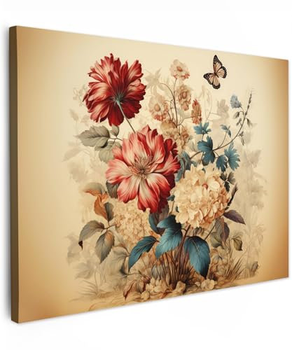 MuchoWow© Impression sur Toile Photo Peinture 40x30 cm Tableau Decoration Murale Chambre Salon Maison Deco Cuisine Vintage - Fleurs - Papillon - Nature - Beige - Couleurs