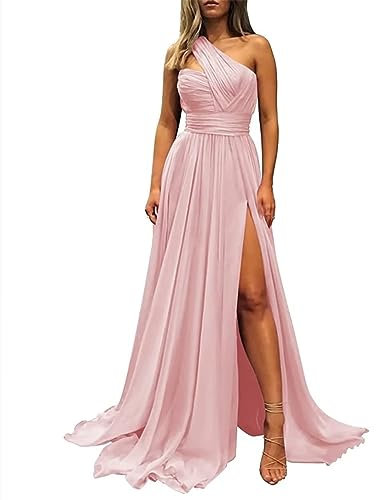 YIANN Abito da damigella d'onore da donna, monospalla increspato, abito da sera per matrimonio, Rosa cipria, 48