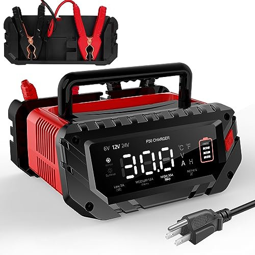 YHCHKJ 30 Amp 6 V/12 V/24 V Smart Trickle Charger, caricabatteria da auto, al litio, Lifepo4, manutenzione batterie al piombo (AGM/gel/SLA), desolforatore, per: auto, barca, moto, tosaerba