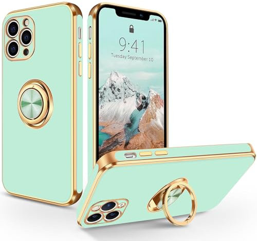 SouliGo iPhone 11 Pro Case, iPhone 11 Pro Phone Case 360° Ring Holder Kickstand for Magnetic Car Mount Slim Luxury Bling Plating Soft TPU Anti-Scratch Protective Bumper Phone Case, Light Green